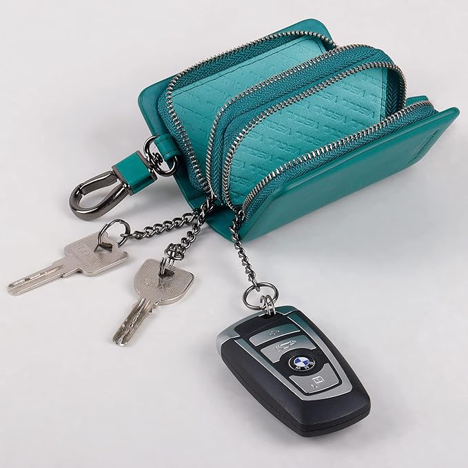 VISOUL Car Key Case Holder Double Zipper, Leather Car Smart Key Fob Case with Keychain for Men and Women