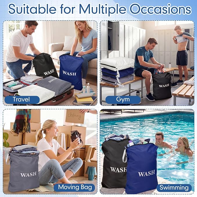 Hsei 4 Pcs Travel Laundry Bags Bulk 22 x 14 Inch Washable Waterproof Wet Dry Bag for Dirty Clothes Gym Foldable Organizer with Zipper Travel Accessoriesfor Swimming Yoga Bathing Suit (Dark Colors)