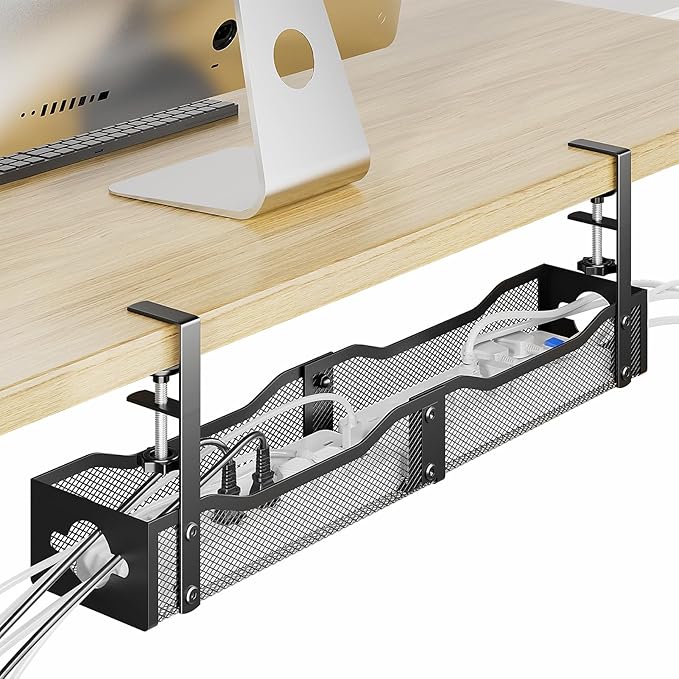 DELAMU 25'' Upgraded Under Desk Cable Management, No Dill Standing Desk Cord Management with Adjustable F-Clamp, Metal Desk Cable Organizer to Under Desk Organizer for Home Office, Black
