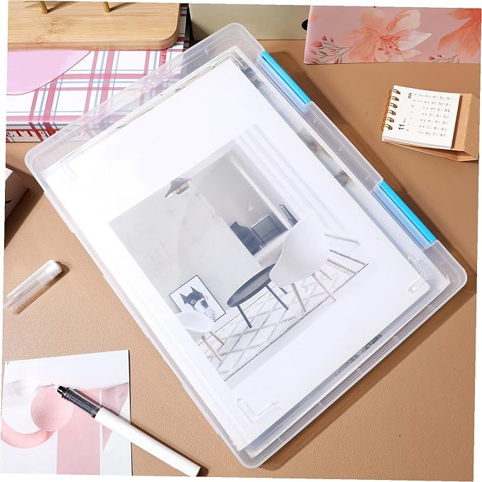 4pcs Clear File Box with Lid Desktop Document Organizer Transparent Plastic Storage Container for Office Paper Blueprint Receipt Filing Space-saving and Stackable Design