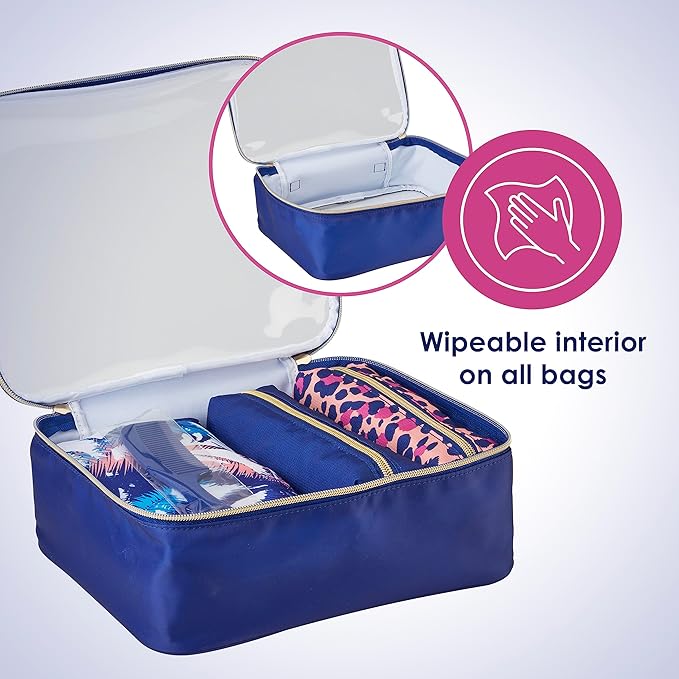 Conair 5 Piece Toiletry and Cosmetic Bag Set Under $30, Includes 4 Makeup Bags and 1 Travel Comb in Blue Palm Prints (Pack of 2)