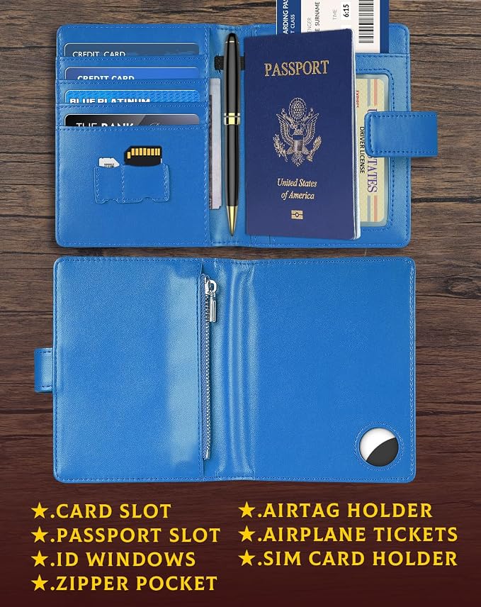 Passport Holder Wallet Cover Case for Women and Men,RFID Blocking,Passport Case with AirTag Slot,Travel Accessories (Blue)