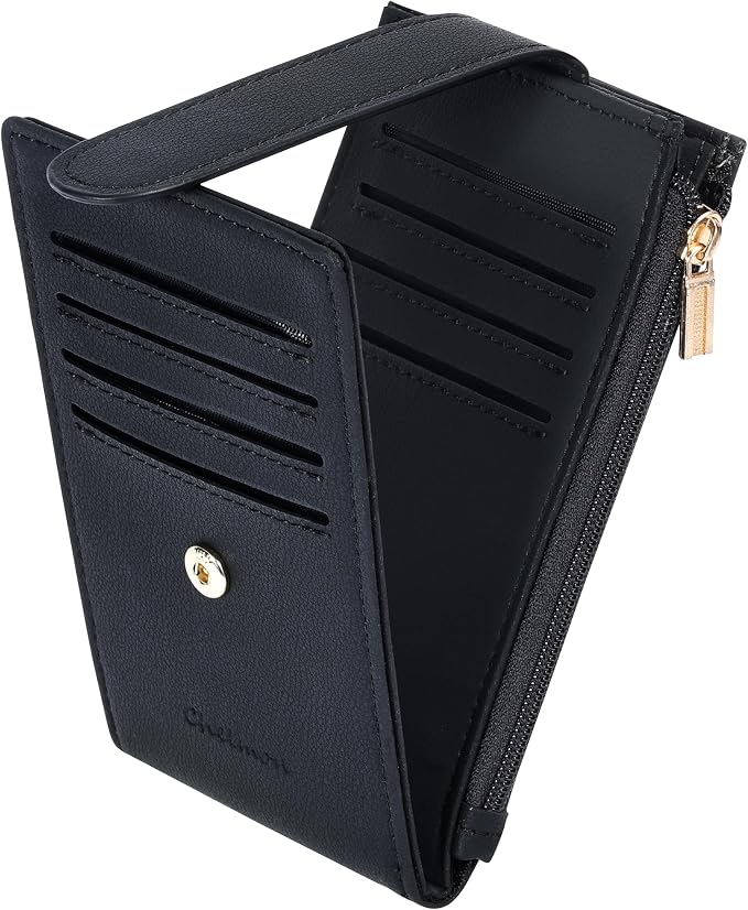 Chelmon Womens Wallet Slim RFID Blocking Bifold Multi Card Case Wallet with Zipper Pocket (Black Smooth)