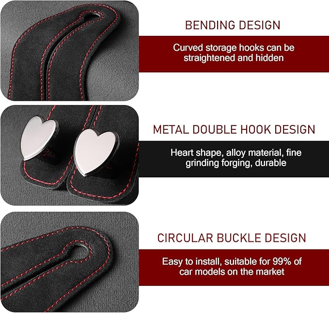 Car Seat Headrest Hook, 2 PCS Universal Black Heart-Shaped Metal + Soft Storage Hooks for Backpack, Grocery, Phone