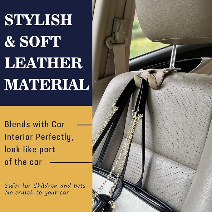 Upgraded Headrest Hooks for Purses and Bags, 2 in 1 Car Back Seat Head Rest Hanger Matching Cars Interior Genuine Leather Vehicle Storage Holder Hook, 1 Pack, Black