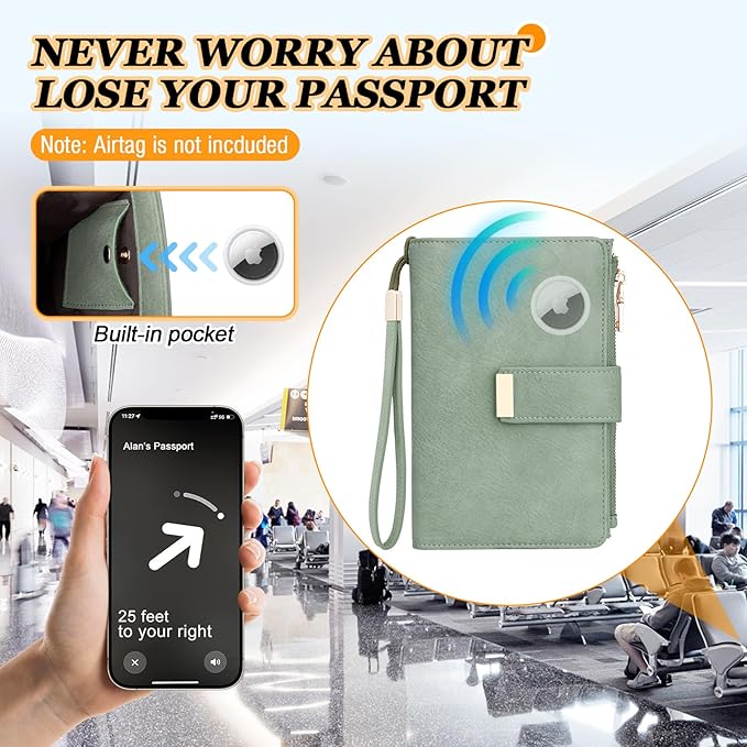 HUANLANG Passport Holder with Airtag for Women/Men, Airtag Passport Wallet for Travel Leather Passport Holder RFID Blocking,Travel Passport Walelt with Credit Card Holder