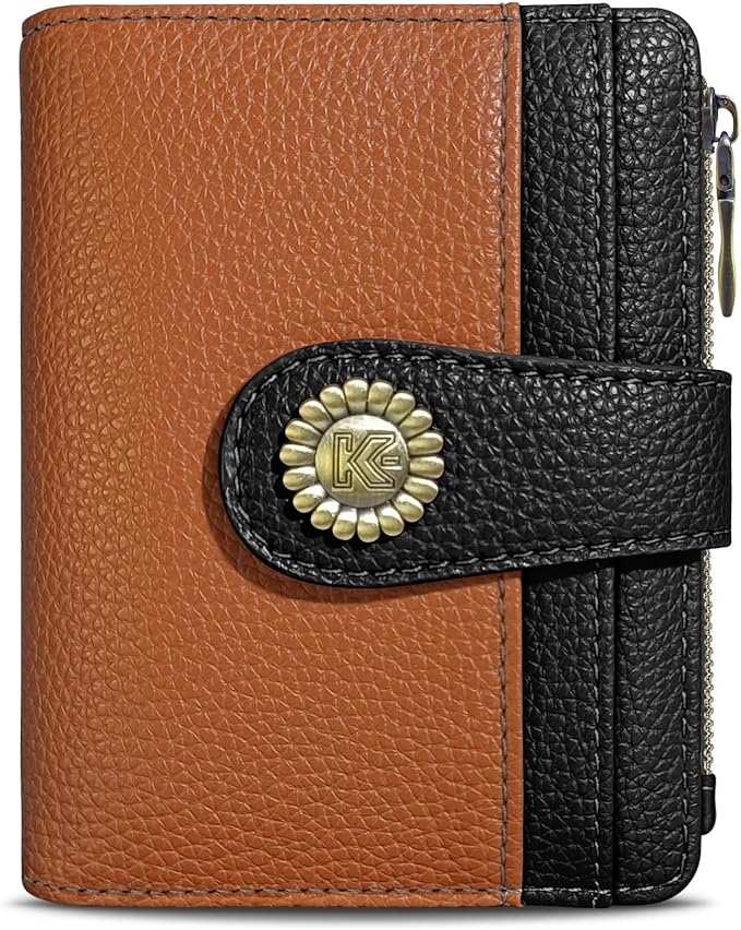 Kelvoris Small Rfid Women Wallet Bifold Zipper Coin Pocket PU Leather Compact Cash Credit Card Holder Travel Wallet for Female Ladies Teen Girls 1 ID Window 10 Card Slots Brown and Black