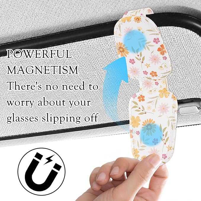 HemerVows Sunglass Holder for Car, Vibrant Floral Print Magnetic Leather Visor Sunglasses Holder Clip, Universal Sun Visor Accessory Eyeglass Clip for SUV Pickup Truck