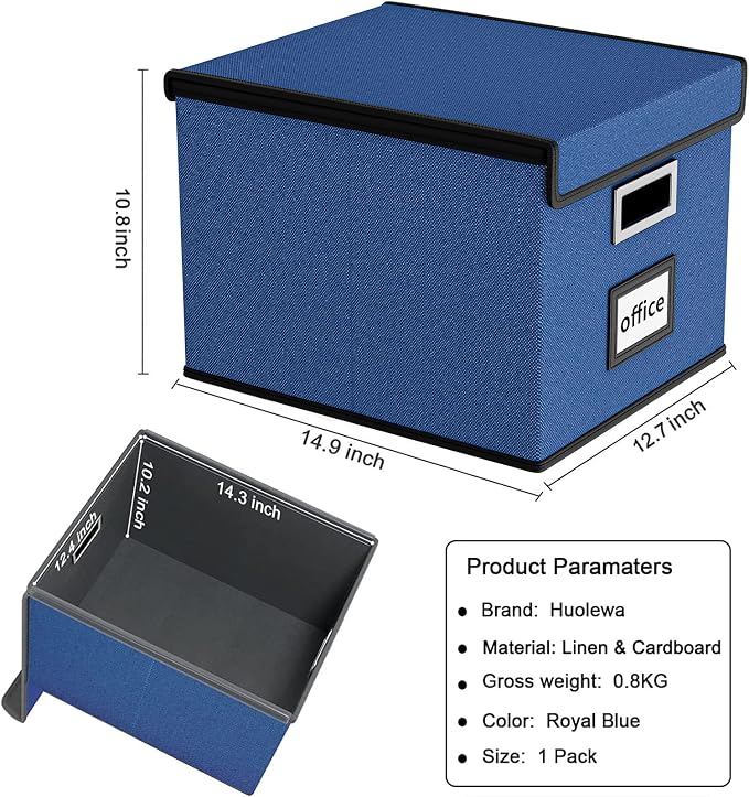 File Organizer Box with Lid, Collapsible File Folder Organizer for Office Document Storage, Filing Box with Plastic Slide for Letter Size Hanging File Folders(1 Pack, Royal Blue)