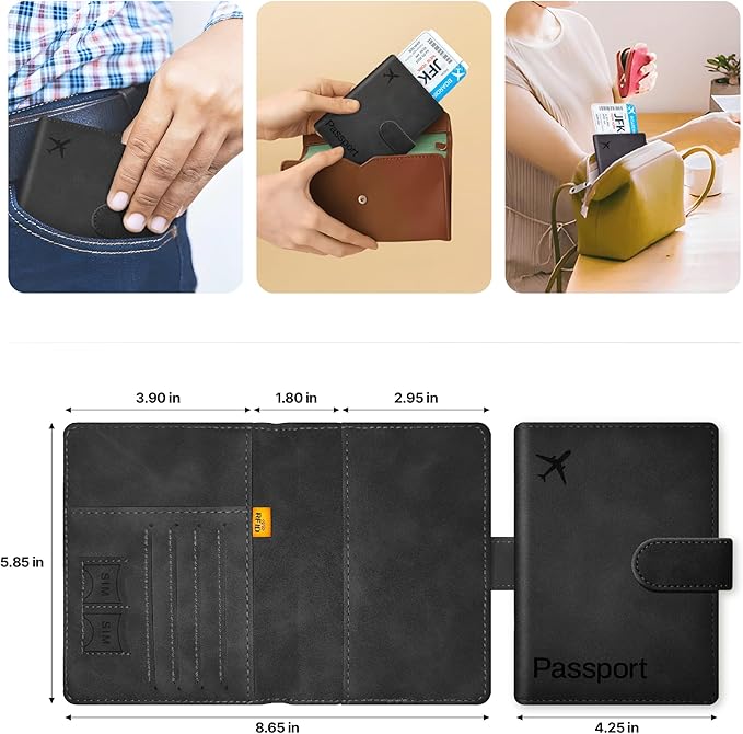 Passport Holder Cover Wallet, RFID Blocking Travel Document Organiser, Must Haves Travel Accessory, Leather Wallet Card Case – Essentials for Men & Women (Black)