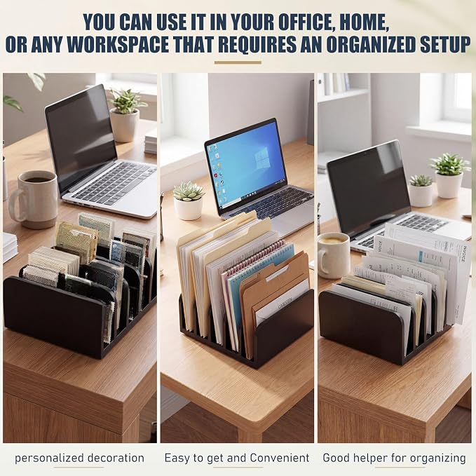 Lineshading Bamboo Letter Organizer, 5 Compartments Desk Mail Organizer, Desktop Envelope Holder and Letter Sorter, Countertop Paper File Holders with Anti Slip Mat for Home Office(Black)