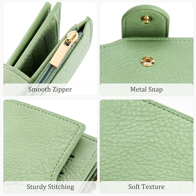 Airkit Small Women's Bifold Wallet, RFID Blocking Credit Card Holder with Zipper, Travel Cute Coin Pocket Wallet for Ladies, Green