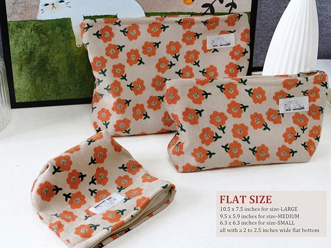 HAPPYHEIDI Makeup Bag Set 3 Cosmetic Toiletry Organizer Zipper Pouch for Purse Tote, Women Girls Gift, Large Medium Small, Beige Orange Floral Corduroy