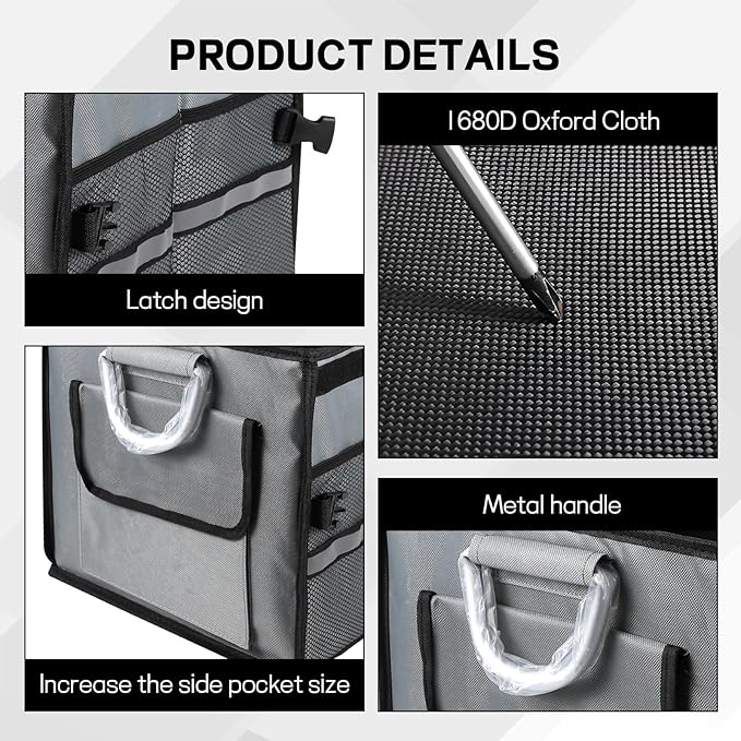 Car Trunk Organizer with Lid, 28L 2-Compartment Collapsible Trunk Cargo Storage Box, Waterproof Oxford Vehicle Backseat Storage Organizer with Base Plate & Metal Handle, Car Accessories (Gray)