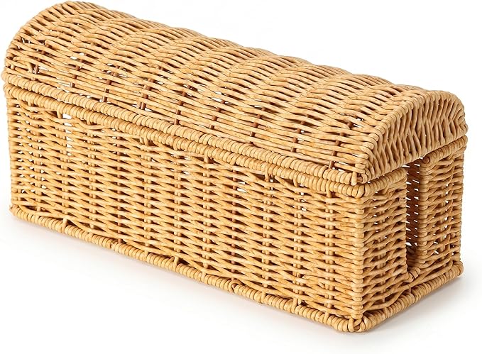 Cable Management Box, Handwoven Rattan Cable Organizer, Cord Organizer Box to Hide Cords & Power Strip, Boho Wire Hider Basket for Home Office, Dome Cover, Natural