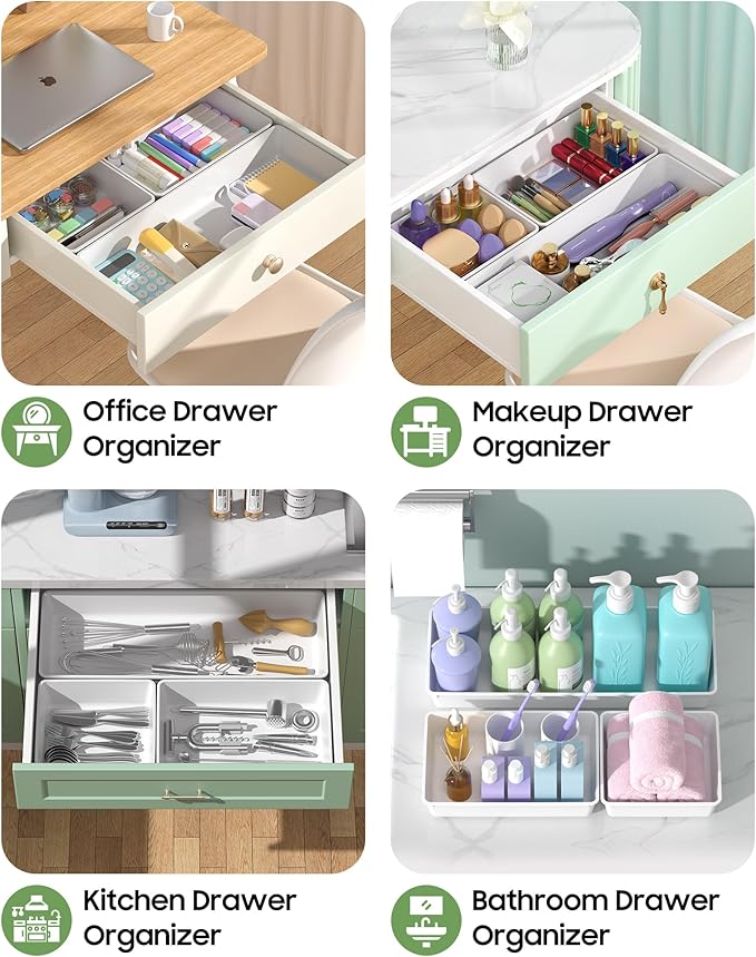 10 Pack Large Size Plastic Drawer Organizers Set, 3 Sizes Desk Drawer Organizer Trays, Storage Bins for Vanity, Makeup, Bathroom, Kitchen Utensils and Office (White)
