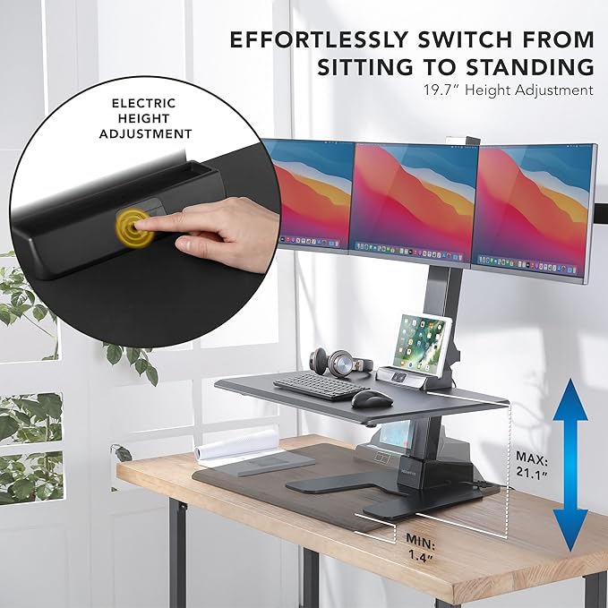 Mount-It! Triple Monitor Electric Standing Desk Converter - 3 Screens Stand Up Desk Riser - Height Adjustable Desktop & 3 Mounts for Screens up to 32", Sit-Stand Convertor for Home, Office, School