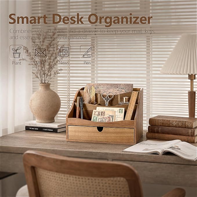 Rebee Vision Acacia Wood Mail Organizer for Desk - Farmhouse Countertop Mail Holder with Dividers - 4-Slot Letter Sorter for Office Accessories - Desktop Organizer for Home Decor (Acacia Wood)