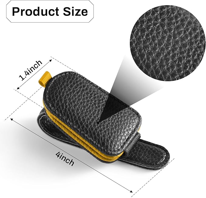 SINGARO Sunglasses Holder for Car, Leather Magnetic Buckle Sun Visor Sunglass Clip, Ticket Card Storage Glasses Clip, Car Interior Accessories for Men and Women（2PCS Black-Yellow）