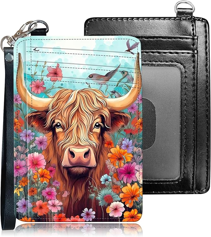 Slim RFID Blocking Card Holder Wallet with Wrist Strap - Minimalist Front Pocket Wallet, Cow and Flower Design, PU Leathe, for Men & Women, Ideal for Travel & Gifts