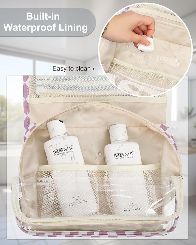 Small Hanging Toiletry Bag for Men and Women, Portable Hanging Organizer for Travel-Sized Dopp Kit, Makeup Accessories, Waterproof Toiletries Organizer with 3 Compartments for Outdoor - Plaid Purple