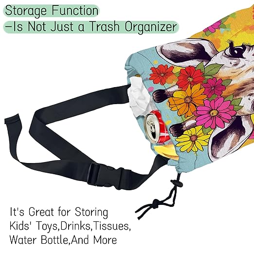 Cute Giraffe Car Garbage Bag,Splash Floral Waterproof Small Car Trash Bag Hanging Back of Seat,Drawstring Hanging Car Trash Bag with Adjustable Buckle for Car Accessories
