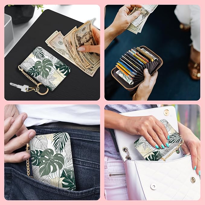 Blusabaca Credit Card Holder for Women, Tropical Leaves Abstract Small RFID Wallet with Zipper, Card Keychain Wallet, Leather Card Case, Business RFID Blocking Accordion Purse Wallet Gift