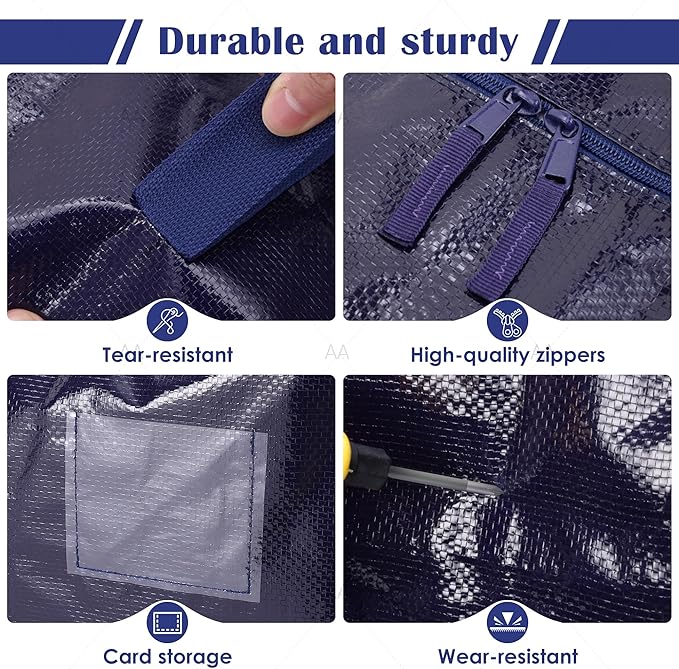 6 Pack Moving Bags Heavy Duty 210GSM with Full-Open Side Zipper, 93L 65lbs Waterproof Foldable Storage Totes for College Dorm Move-In, Moving Boxes Alternative & Home Organization, Blue