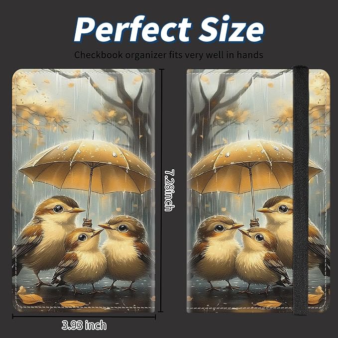 Check Book Cover for Personal Checkbook with Duplicate Checks for Women's & Men PU Leather Wallets Check Book Holder with Pen Card Slots Elastic Strap,Birds In The Rain