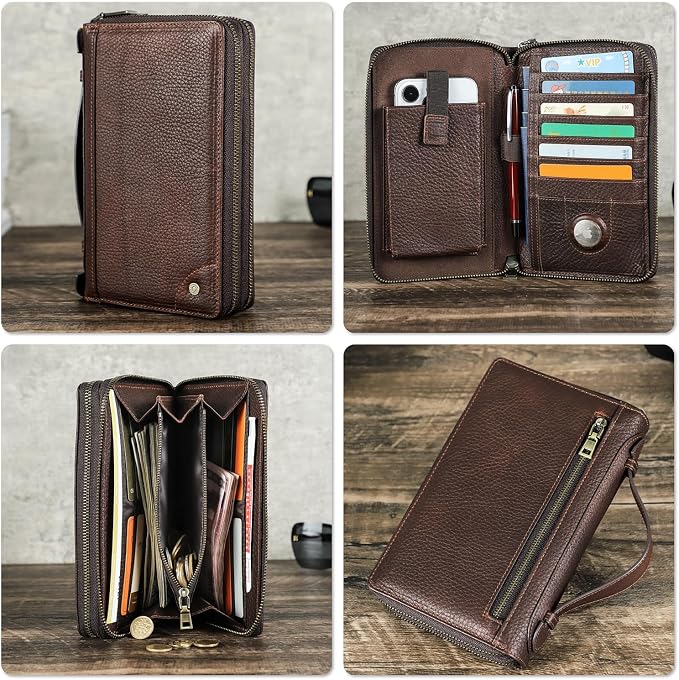 Top Grain Genuine Leather Zipper Clutch Wallet for Man & Woman, Handmade Vintage Design, Multi Slots & Side Pocket & Strap, RFID Large Capacity for Cards/Checks/Passports/Phone/Pen/AirTag, Red Coffee