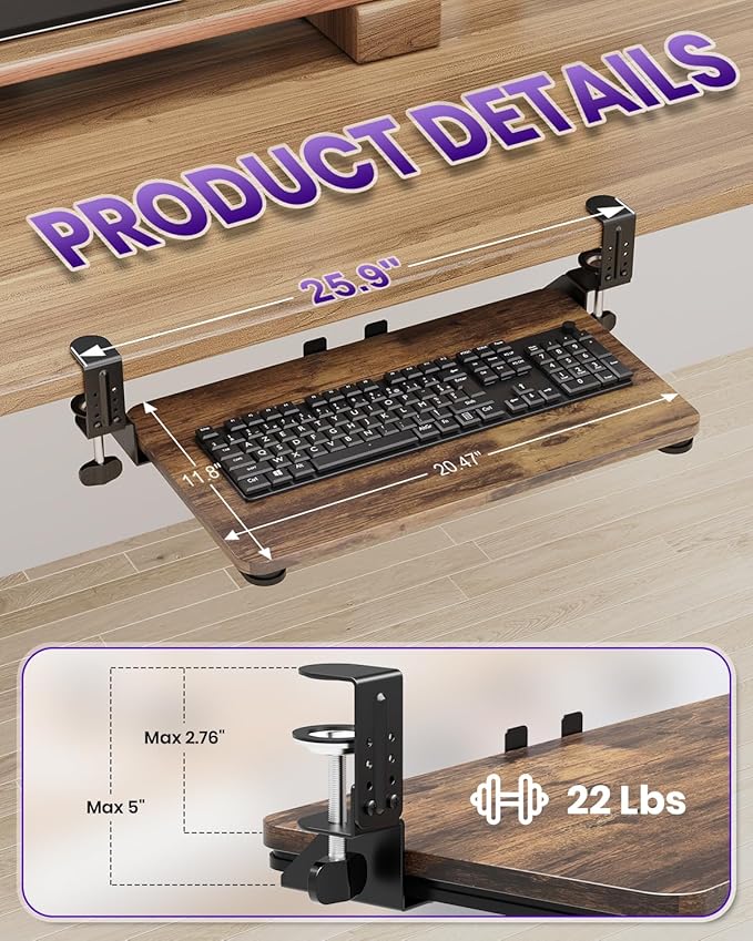Ergonomic Mouse & Keyboard Tray Under Desk, Pull Out with Adjustable C-clamp, 20 (25.9 Including Clamps) x 11.8 Inch Slide Out Computer Keyboard Drawer Mouse Tray for Typing, Rustic Brown