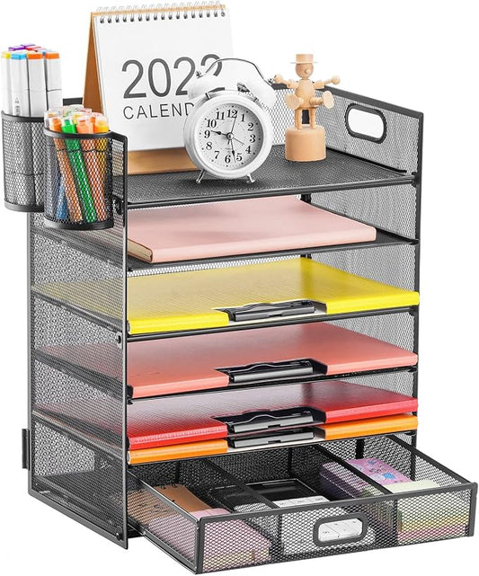 Lavatino 6-Tier Paper Organizer Letter Tray with Drawer - Mesh Desk File Paper Office Supplies Sorter Organizer for Office, Home or School File Folder Holder - Black