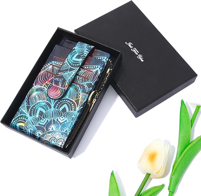 Badiya Slim Women Wallet RFID Blocking Bifold Compact 9 Card Slots Holder Wallets Soft Leather with Zipper Coin Pocket 2 ID Window