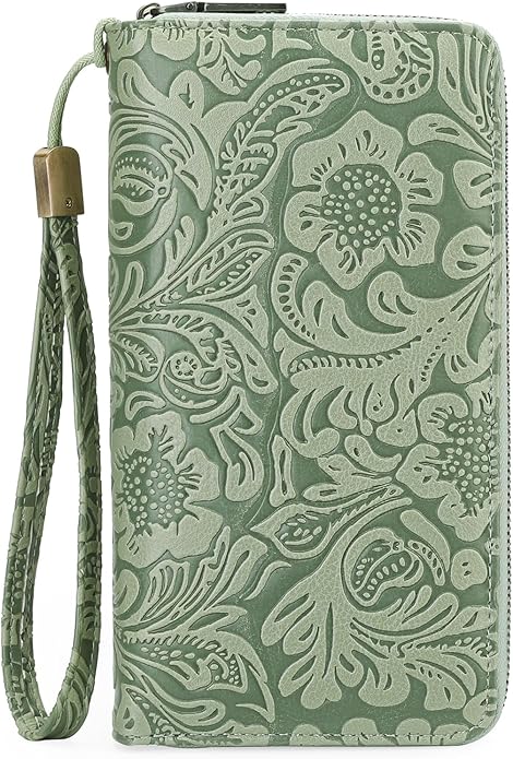 GOIACII Women's Wallet Wristlet Ladies Phone Purse RFID Blocking Large Card Holder Double Zip Grip Strap Vegan Leather