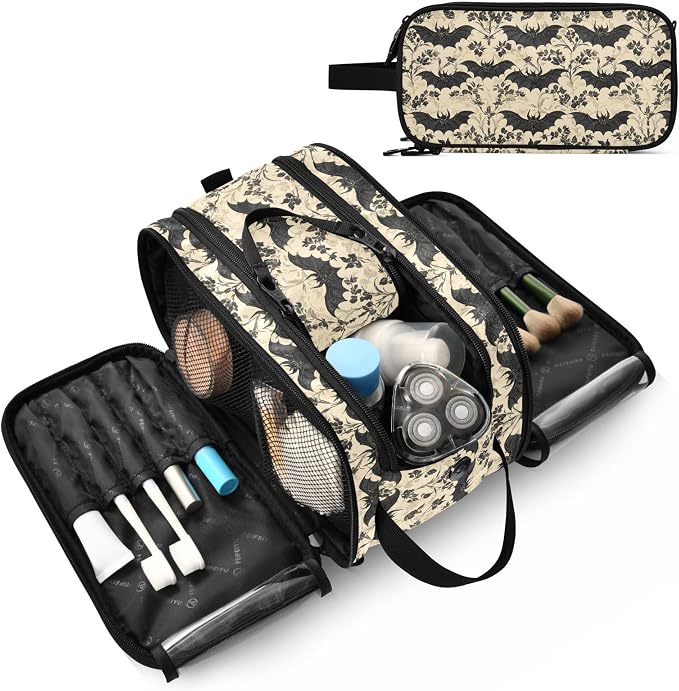 MNSRUU Large Capacity Makeup Bag, Bats and Flowers Vintage Cosmetic Bag Portable Toiletries Pouch with Compartments Makeup Organizer Case for Travel Women
