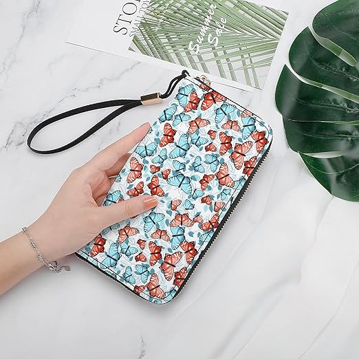 Clutch Wallet Holder for Women Men Beautiful Red Blue Butterfly And Leaves Portable Accordion Zipper Credit Card Storage Bag Waterproof Purse Leather Wallet for Travel Work Shopping