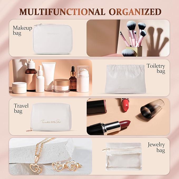 Travel Makeup Bags Set, 4 Pcs PU Leather Cosmetic Organizer Bag with Jewelry bag, Large Make Up Cosmetic Bag with Divider and Handle, Portable Travel waterproof Vanity Bag for Women Girl (Off-white)