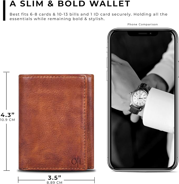 Tri fold Leather Wallet for Men with RFID | Slim Wallets for Men with 1 ID and 6 Credit card slots | Front Pocket Minimalist