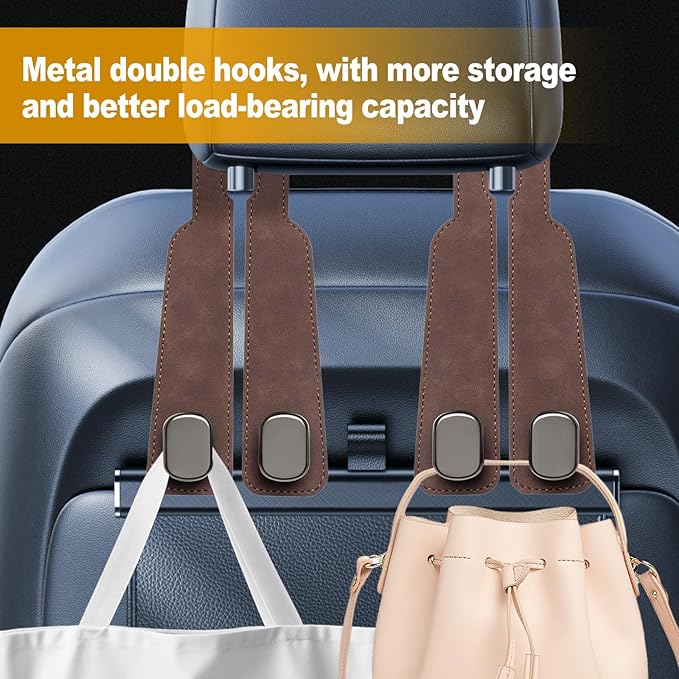 Car Purse Hook Purse Hook for Car Seats Headrest Car Seat Hooks,Heavy Duty Vehicle Organizer for Handbags, Groceries, Purses, Keep Car Tidy (Brown, 4 Pack)