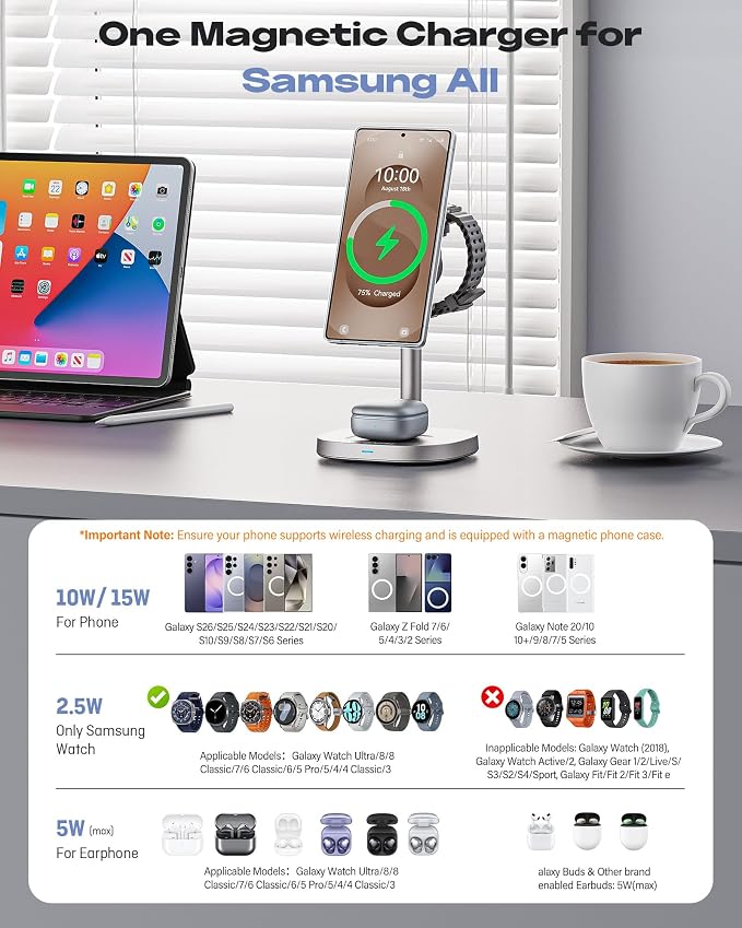 Augnner Magnetic Wireless Charger for Samsung, 15W Android Fast 3 in 1 Charging Station with TEC Active Cooling Compatible with Samsung Galaxy S26Ultra/S25/Z Fold /Flip7, Samsung Watch/ Buds4Pro