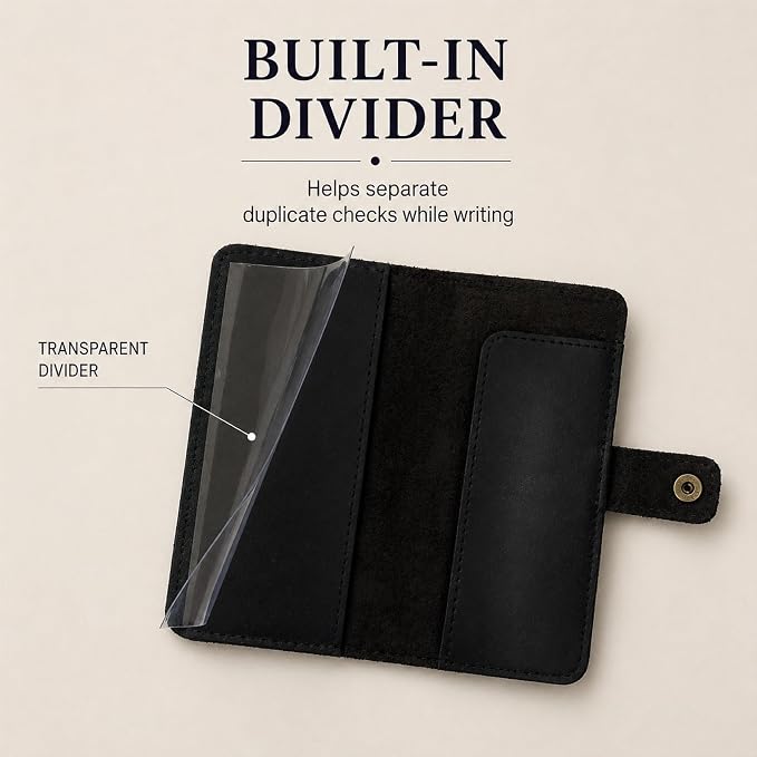 Genuine Black Leather Checkbook Cover - Handmade Check Holder with Divider & ID Window, Slim Organizer Wallet for Business, Travel & Everyday Use 3.5 x 7
