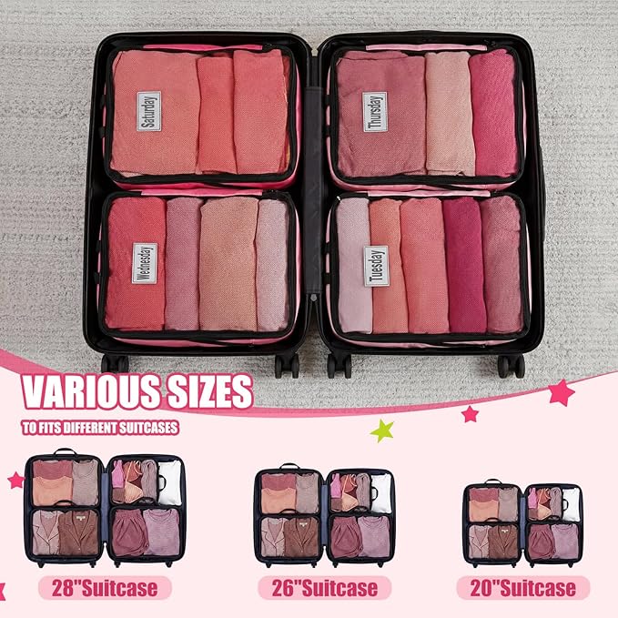 7 Pcs Packing Cubes for Travel Days of Week Compression Packing Cube with Labels Organizers Luggage Storage Bag(Pink,Large)