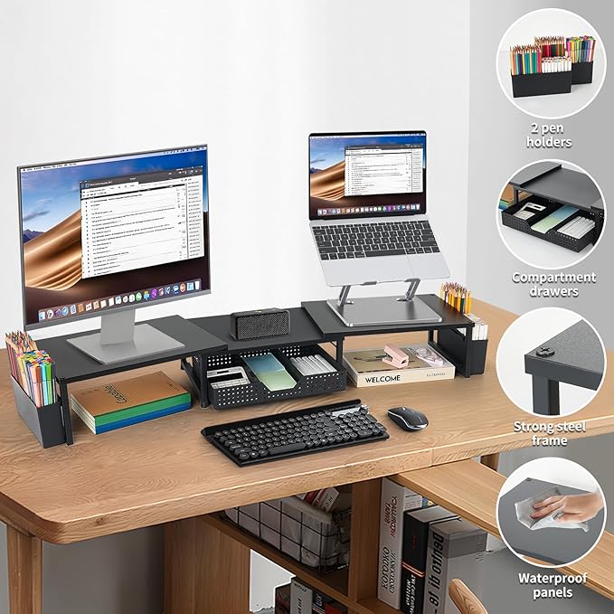OPNICE Desk Organizers and Accessories, Dual Monitor Stand Riser with Drawer and 2 Pen Holders, Desk Shelf Wood Computer Racks for Office Workspace Organizers, Desktop Organization (Black Wood)