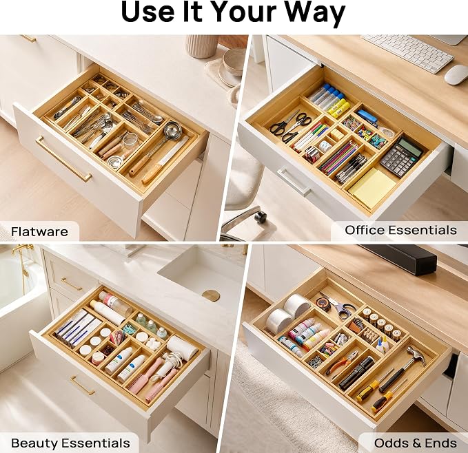 Vtopmart Bamboo Drawer Organizer Boxes - Set of 2 Multi-purpose Wooden Storage Dividers for Kitchen, Bathroom, Office, Desk, Makeup, Jewelry & More, Non-Slip Junk Drawer Organizer Trays for Storage