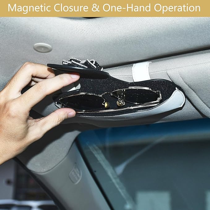 Sunglasses Holder for Car Visor, PU Leather Glasses Case with Clips Magnetic Closure Eyeglasses Holder