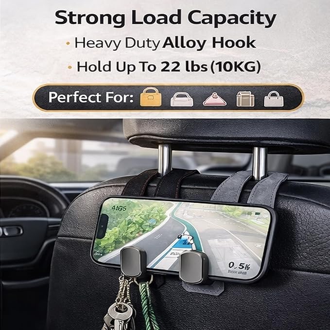 Car Headrest Hook 2 Pack, Premium Leather Car Purse Hooks, Heavy Duty Seat Back Organizer for Handbags, Groceries & Bags, No Scratch, Easy Install Car Accessories (2, Grey)