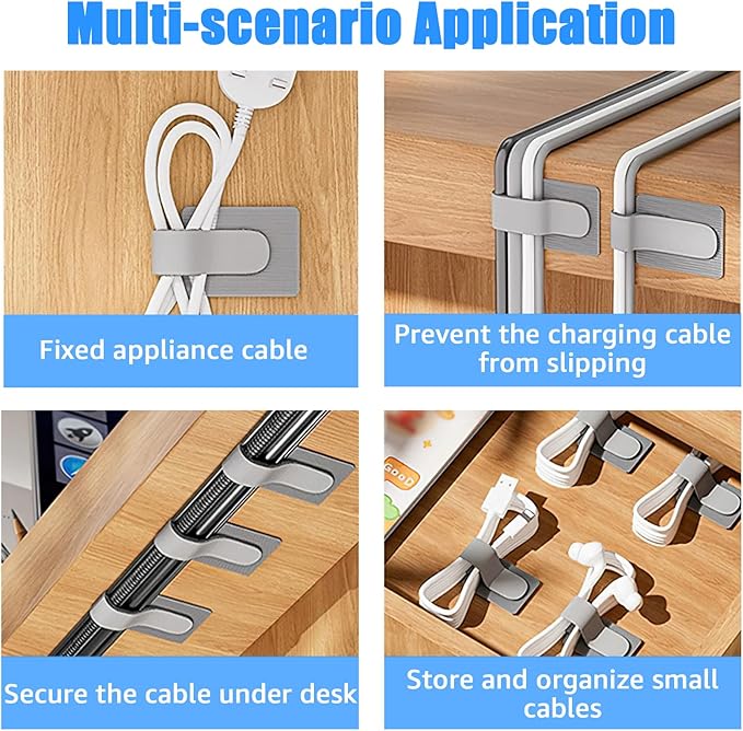 80PCS Hook and Loop Cable Ties, Hook and Loop Cable Straps, Under Desk Cable Management, Adhesive Cable Clips, Sticky-Back Cord Organizer for Desk, Household & Office Organization (White)