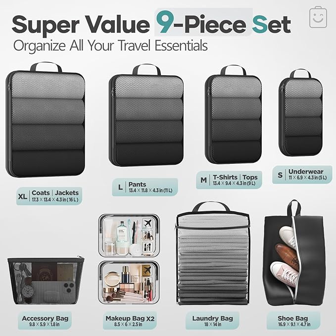 Veken 9/11 Set Compression Packing Cubes for Travel Essentials,Compressible Expandable Large Luggage Suitcase Organizer Bags for Clothing,Durable Space Saver Storage Bags with Toiletry Bags(Black)