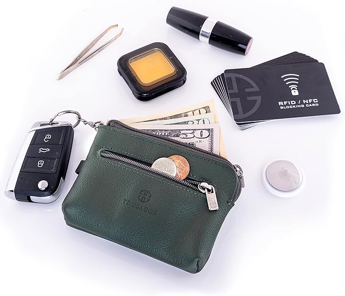 Trusador Milano Unisex Leather Front Pocket Wallet Coin Purse Zipper Pouch with Keychain (Green)