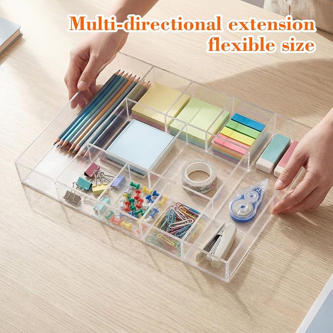 Large Acrylic Desk Deep Drawer Organizer with Adjustable Dividers, Anti-skip Clear Desk Top Junk Drawer Storage Tray for Pens, Desktop, Office, Bathroom, Kitchen, Makeup Supplies(10 Compartments)